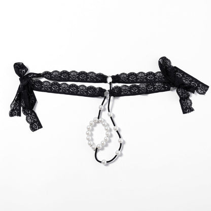 Black Lace Pearl Ring Open Front G String flat lay