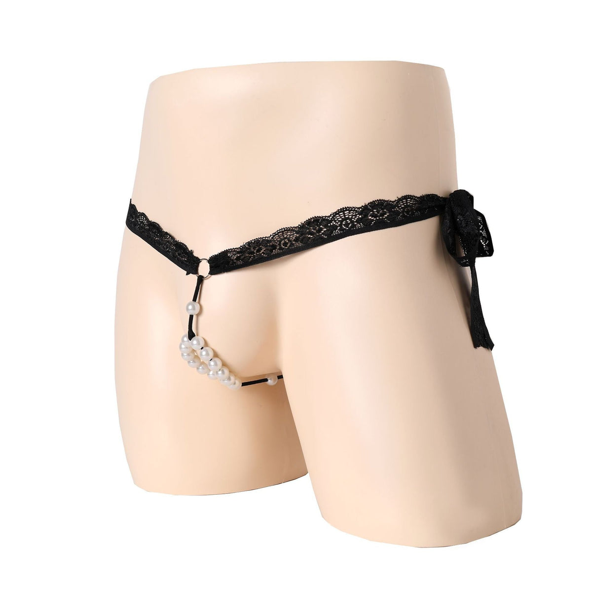 Black Lace Pearl Ring Open Front G String front view