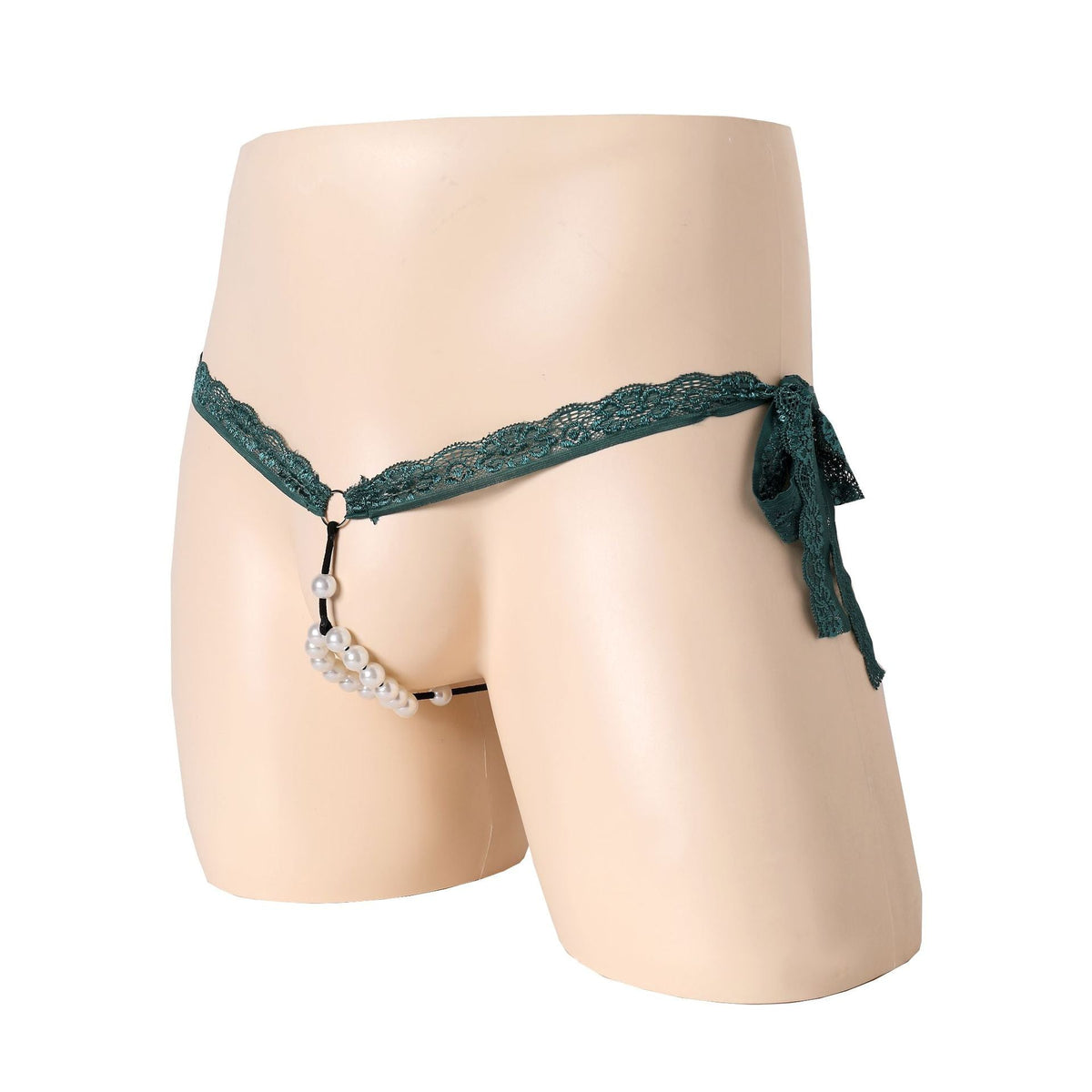 Green Lace Pearl Ring Open Front G String front view
