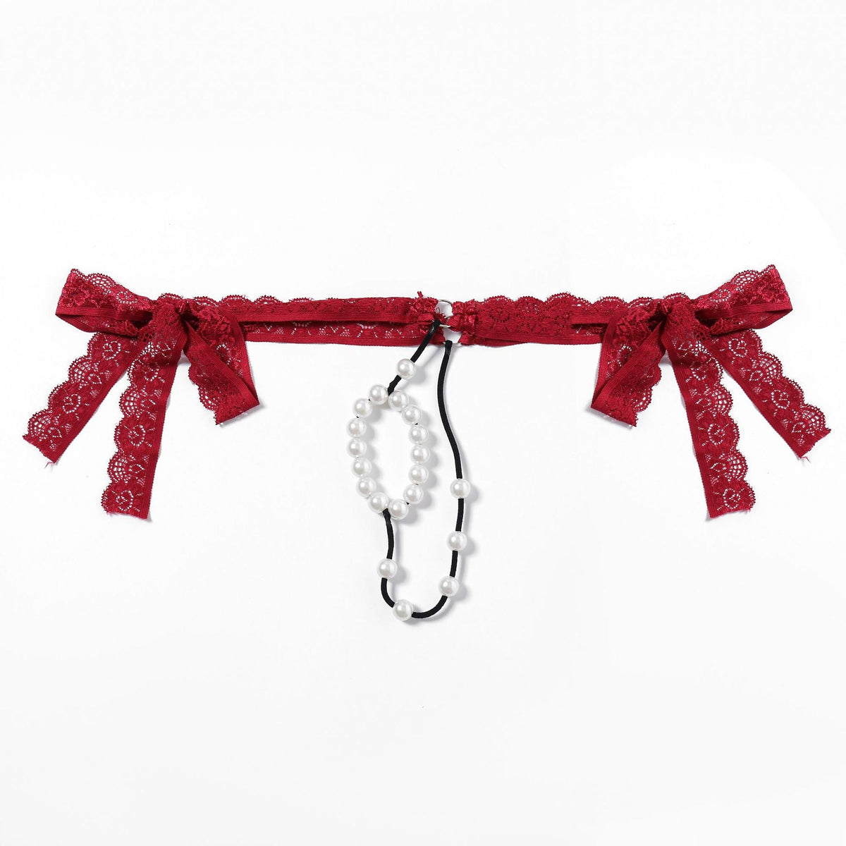 Red Lace Pearl Ring Open Front G String flat lay