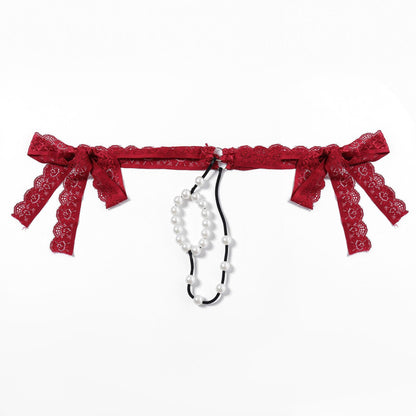 Red Lace Pearl Ring Open Front G String flat lay