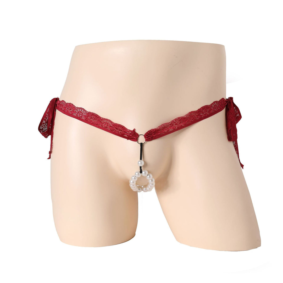 Red Lace Pearl Ring Open Front G String front view