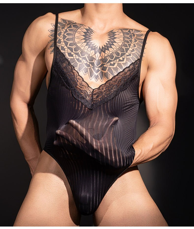 Lace Trim Vertical Stripe Bodysuit alternate view 2