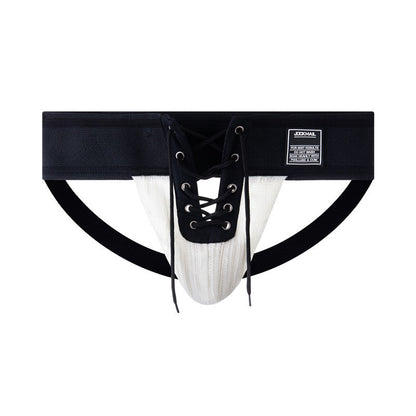 Black Lace Up Wide Waistband Cotton Jockstrap flat lay