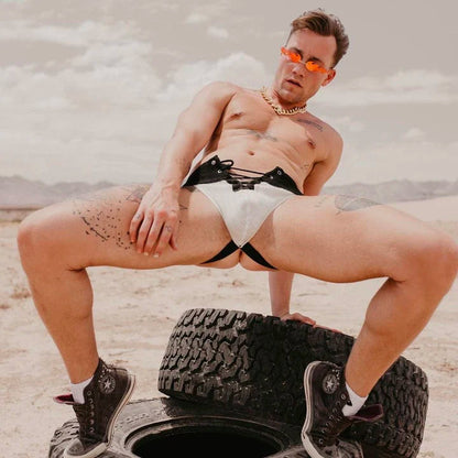 Lace Up Wide Waistband Cotton Jockstrap in black product detail