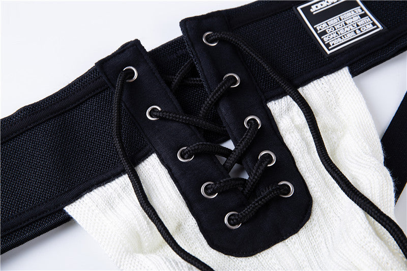 Black Lace Up Wide Waistband Cotton Jockstrap close up detail