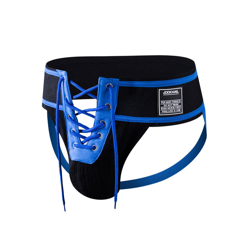 Blue Lace Up Wide Waistband Cotton Jockstrap flat lay