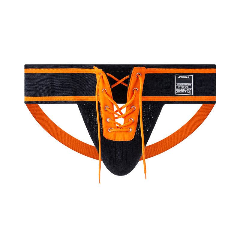 Orange Lace Up Wide Waistband Cotton Jockstrap flat lay