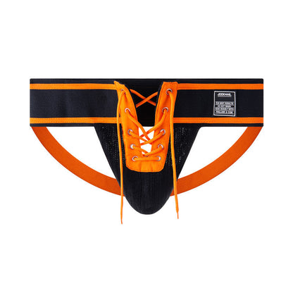 Orange Lace Up Wide Waistband Cotton Jockstrap flat lay