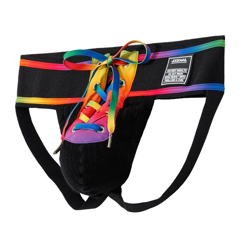 Rainbow Lace Up Wide Waistband Cotton Jockstrap product view