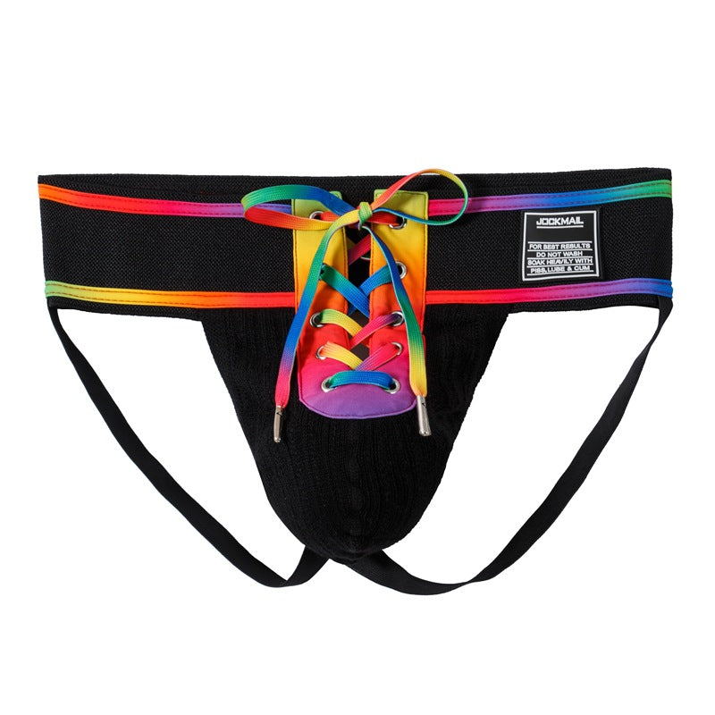 Rainbow Lace Up Wide Waistband Cotton Jockstrap front view