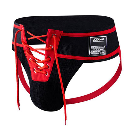 Red Lace Up Wide Waistband Cotton Jockstrap product view