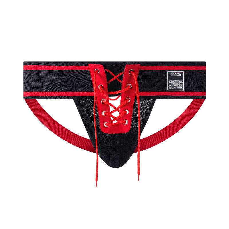 Red Lace Up Wide Waistband Cotton Jockstrap flat lay