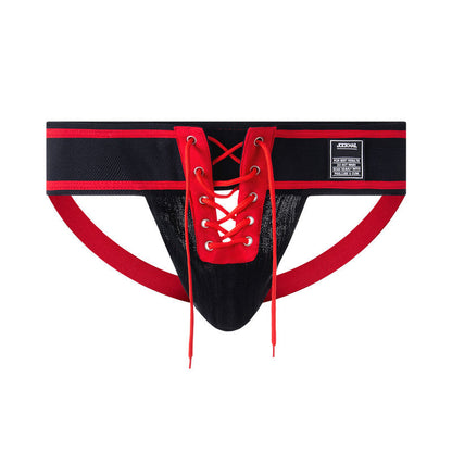 Red Lace Up Wide Waistband Cotton Jockstrap flat lay