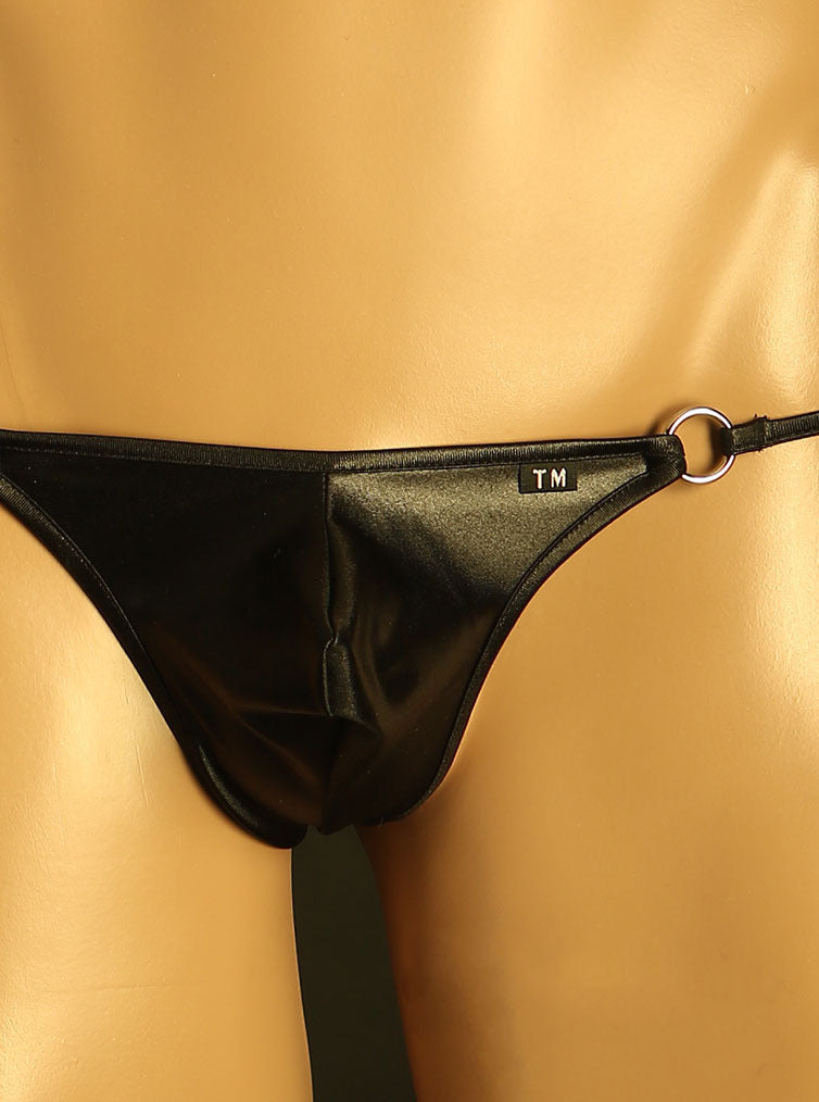 Black Adjustable Side Tie Metal Ring Thong front detail