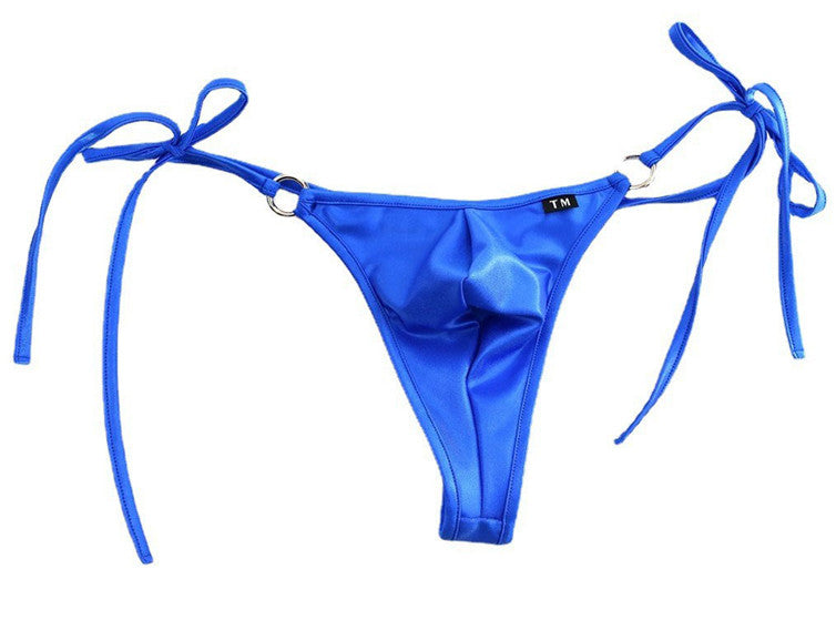 Blue Adjustable Side Tie Metal Ring Thong flat lay