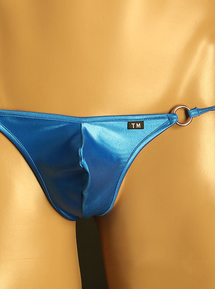 Blue Adjustable Side Tie Metal Ring Thong front detail