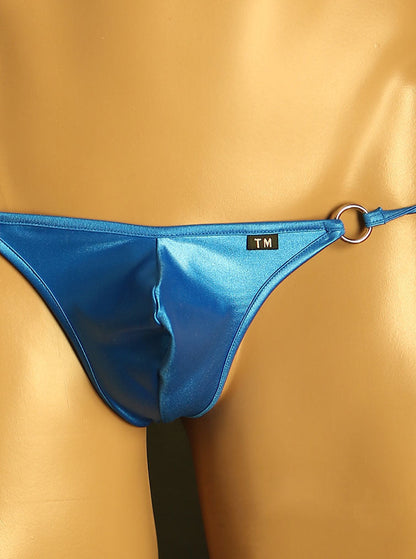 Blue Adjustable Side Tie Metal Ring Thong front detail