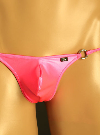Pink Adjustable Side Tie Metal Ring Thong front view