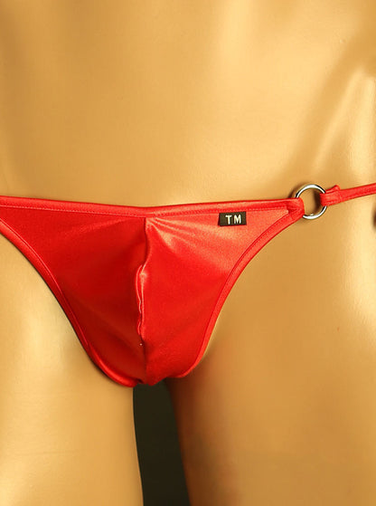 Red Adjustable Side Tie Metal Ring Thong front view