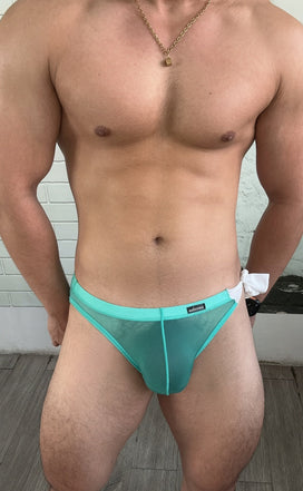 Mint Green Sheer String Bikini Brief with Chiffon Bow model view