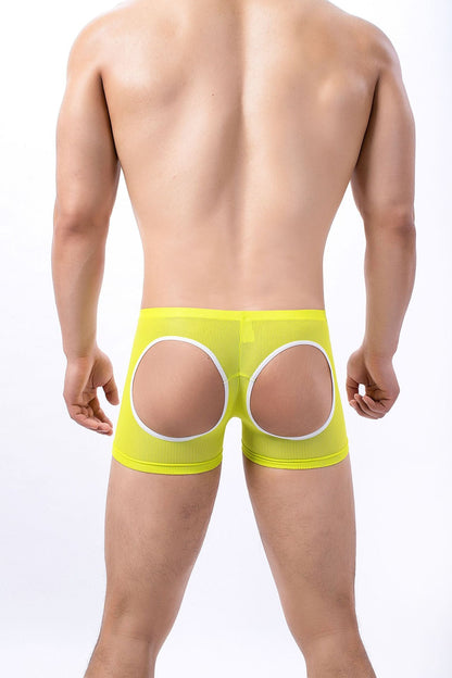 Sheer Mesh Open Back Boxer Briefs in neon yellow shown in flat lay