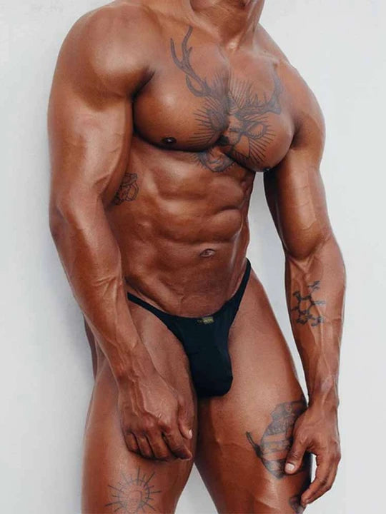 Black Breathable Nylon Low Rise T Back Thong front model view