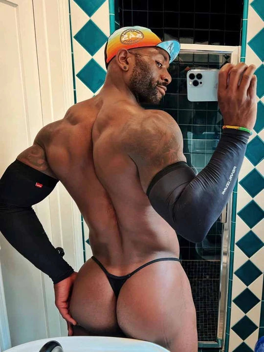 Black Breathable Nylon Low Rise T Back Thong side model view