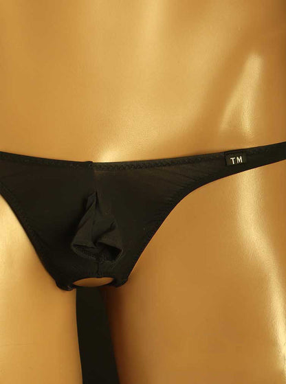 Black Open Pouch Double Strap Ice Silk Thong front view