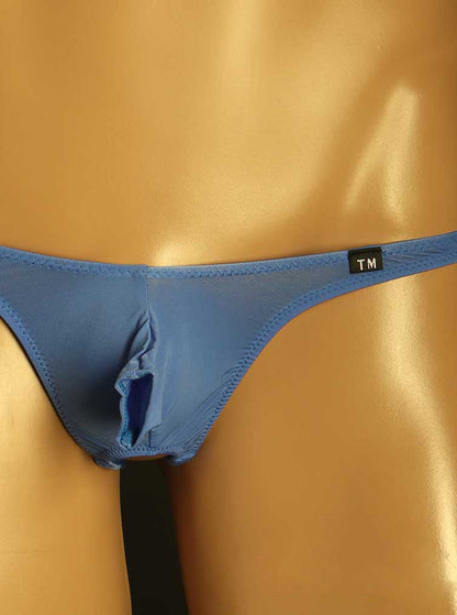 Blue Open Pouch Double Strap Ice Silk Thong front view
