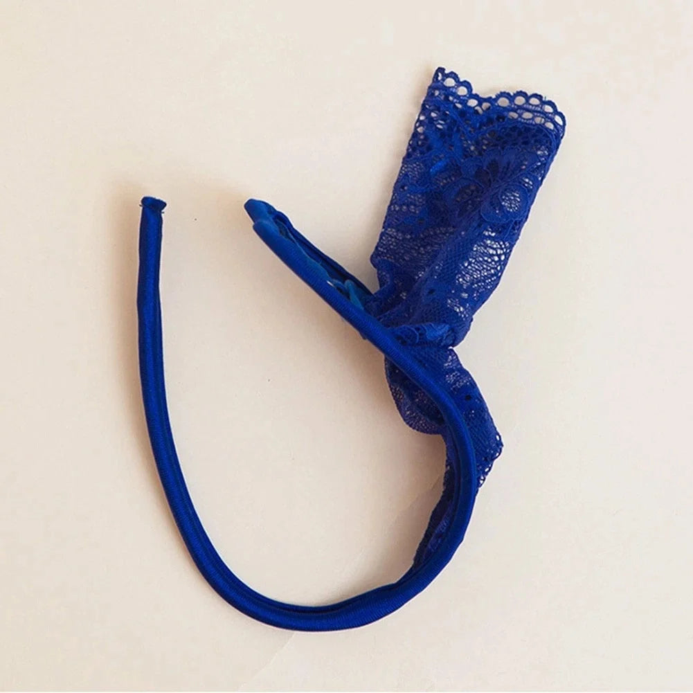 Blue Peek a Boo Lace C String flat lay