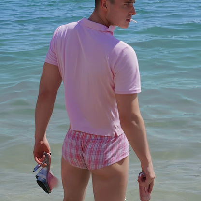 Model wearing pink Plaid Cotton Low Rise Short Boxers from the back