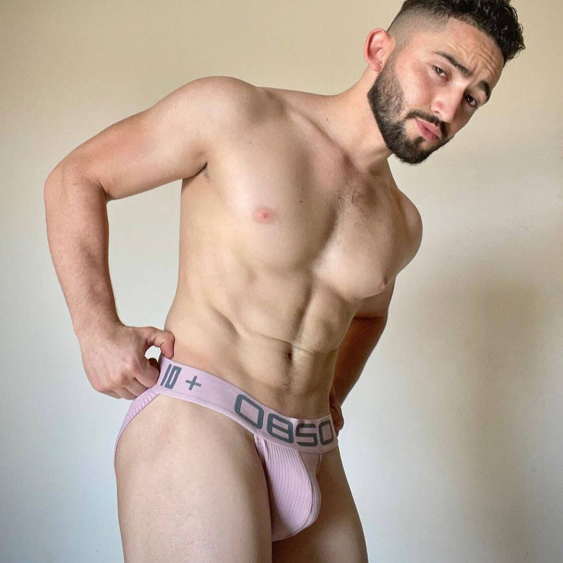 Front Standing View of pink Ribbed Cotton High Cut Logo Briefs