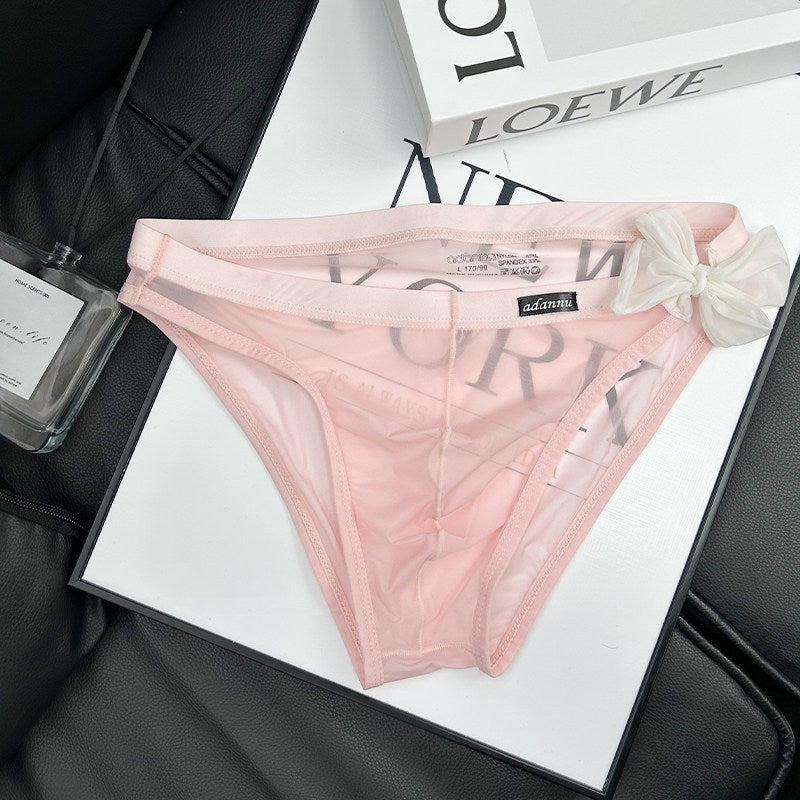 Pink Sheer String Bikini Brief with Chiffon Bow flat lay