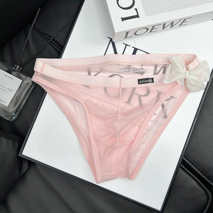 Pink Sheer String Bikini Brief with Chiffon Bow flat lay