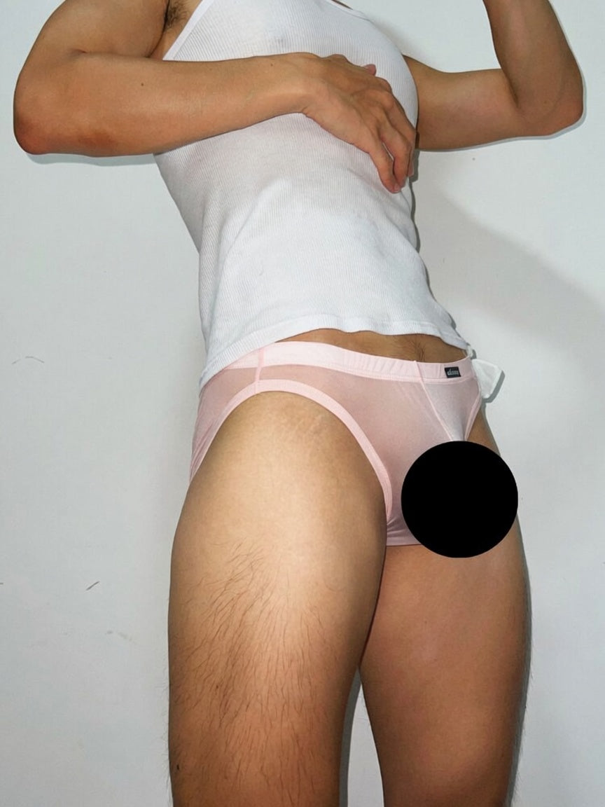 Pink Sheer String Bikini Brief with Chiffon Bow side rear view