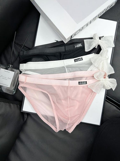 Pink Sheer String Bikini Brief with Chiffon Bow product view