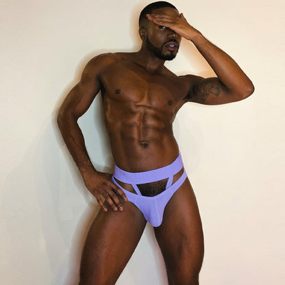 Purple Ribbed Cotton Strap Window Brief front fit on model