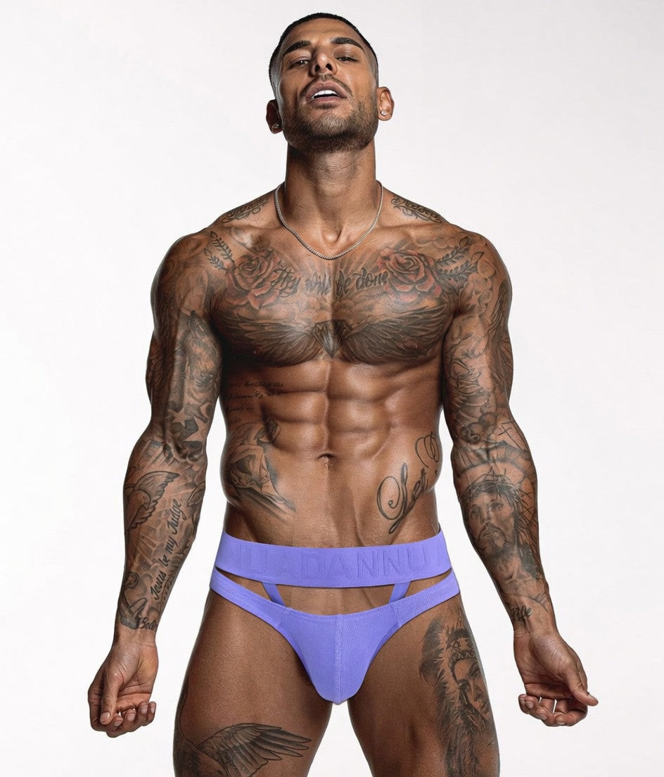 Model wearing purple Ribbed Cotton Strap Window Brief from the front
