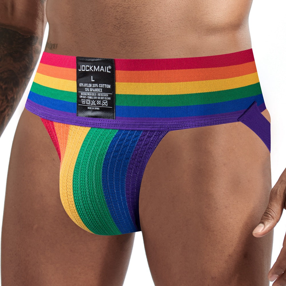 Side profile of rainbow Rainbow Pride Wide Waistband Jockstrap