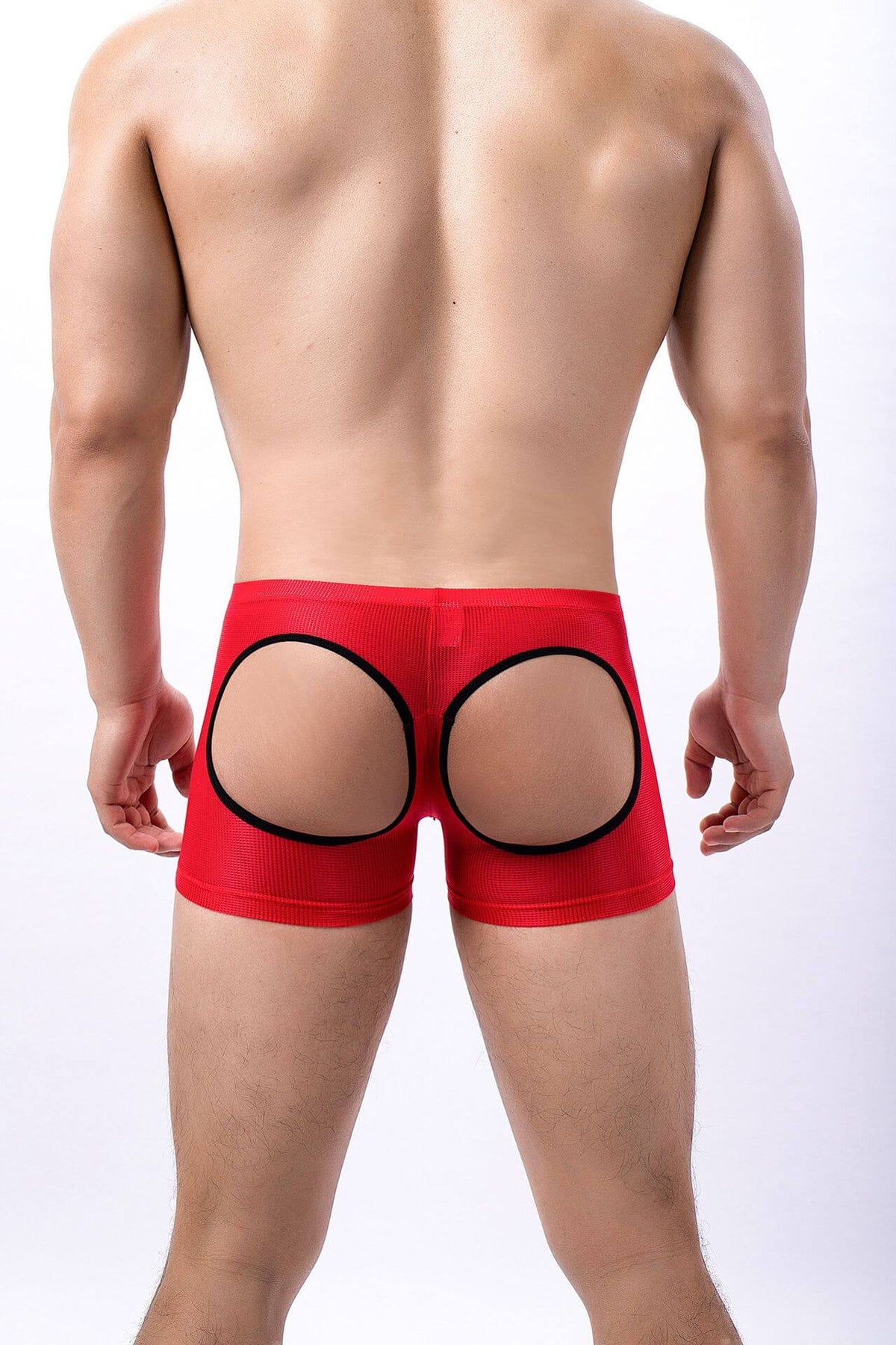 Rear View of red Sheer Mesh Open Back Boxer Briefs