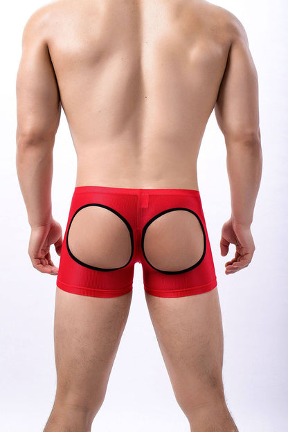 Rear View of red Sheer Mesh Open Back Boxer Briefs