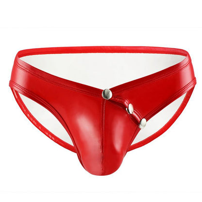 Wet Look Faux Leather Snap Pouch Briefs in red shown in flat lay