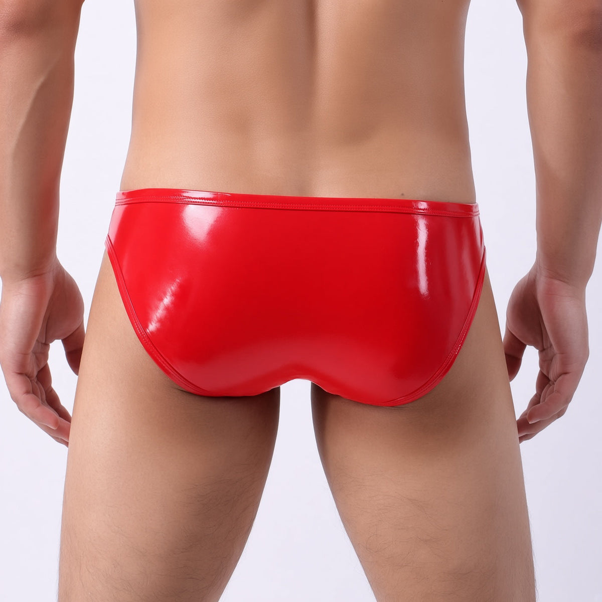 Rear View of red Wet Look Faux Leather Snap Pouch Briefs