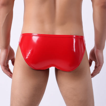 Rear View of red Wet Look Faux Leather Snap Pouch Briefs
