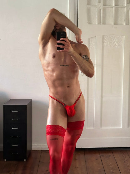 Styled Mirror View of red Ice Silk Contrast Cord Cheeky Briefs