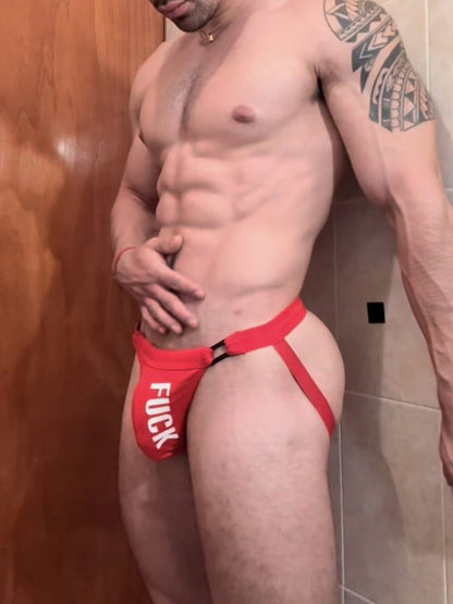 Red Adjustable Side Clip Cotton Jockstrap close up detail