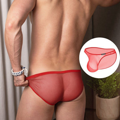 Red Ultra Thin Sheer Low Rise Bikini Brief rear fit on model