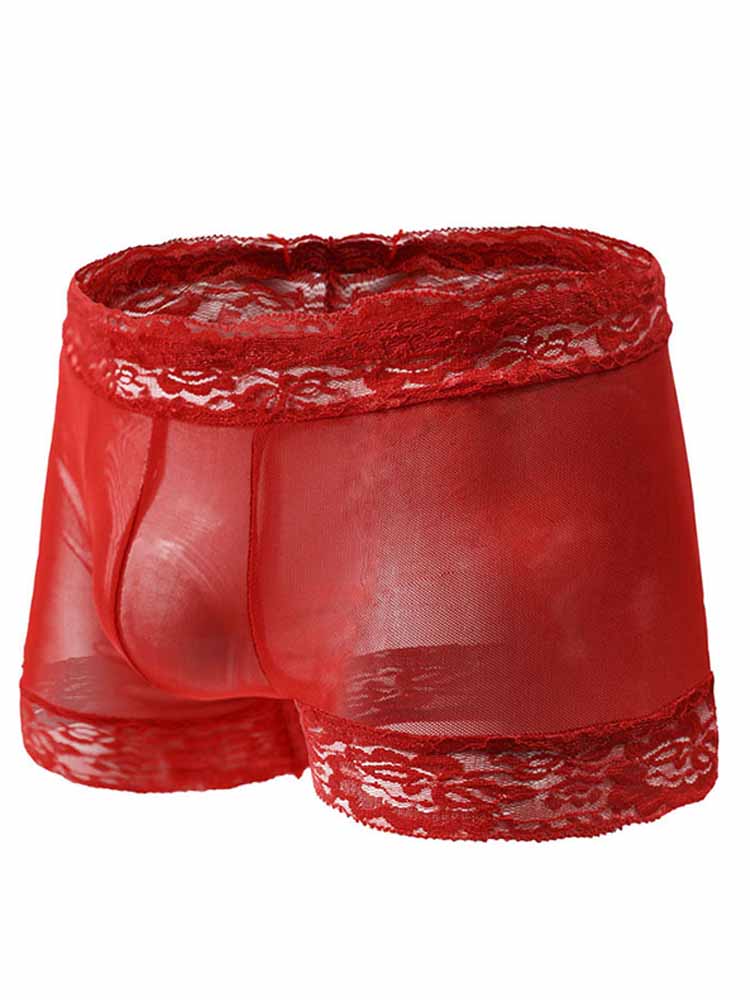 Alternate flat lay of red Sheer Mesh Floral Lace Trim Boxers