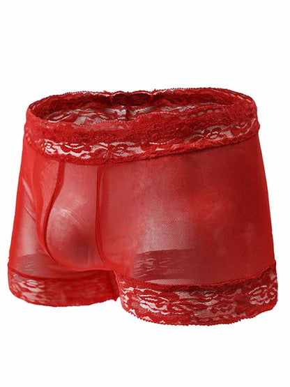 Alternate flat lay of red Sheer Mesh Floral Lace Trim Boxers